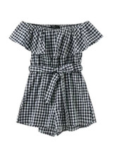 Casual Off Shoulder Flounce Plaid Romper Casual Off Shoulder Flounce Plaid Romper