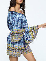 Casual Bell Sleeve Off Shoulder Elastic Waist Printed Romper