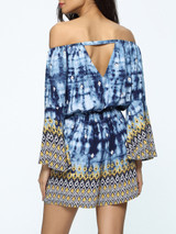 Casual Bell Sleeve Off Shoulder Elastic Waist Printed Romper
