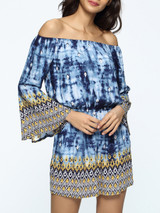 Casual Bell Sleeve Off Shoulder Elastic Waist Printed Romper