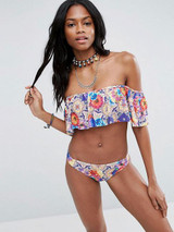 Off-the-shoulder Falbala Printed Bikini Swimwear