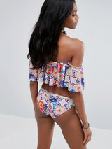 Off-the-shoulder Falbala Printed Bikini Swimwear