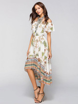 Asymmetric Printed Off-the-shoulder Midi Dress