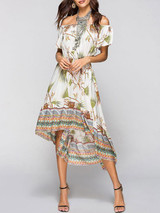 Asymmetric Printed Off-the-shoulder Midi Dress