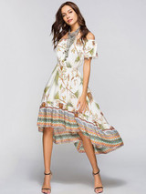 Asymmetric Printed Off-the-shoulder Midi Dress