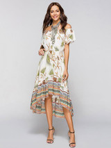Asymmetric Printed Off-the-shoulder Midi Dress