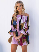 Off-the-shoulder Printed Flared Sleeves Mini Dress