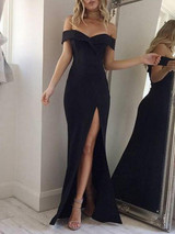 Solid Color Off-the-shoulder Split-side Maxi Dress