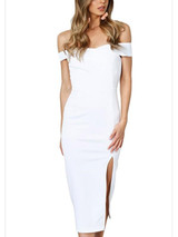 New White Irregular Off Shoulder Side Slit Elegant Cute Homecoming Party Midi Dress