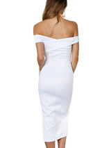 New White Irregular Off Shoulder Side Slit Elegant Cute Homecoming Party Midi Dress