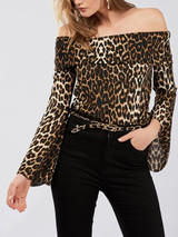 New Leopard Off Shoulder Backless Bell Sleeve Fashion Cute Blouse