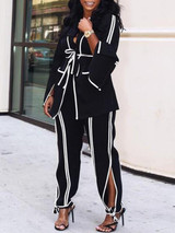 New Black-White Striped Pockets Sashes Turndown Collar Flare Sleeve Office Worker Long Jumpsuit