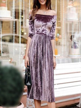 New Pink Pleated Off Shoulder Half Sleeve Elegant Velvet Midi Dress