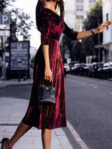 New Burgundy Pleated Off Shoulder Half Sleeve Elegant Velvet Midi Dress