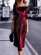 New Burgundy Pleated Off Shoulder Half Sleeve Elegant Velvet Midi Dress