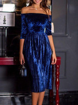 New Navy Blue Pleated Off Shoulder Half Sleeve Elegant Velvet Midi Dress