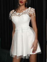New White Patchwork Lace Off Shoulder Grenadine Tutu Homecoming Party Mini Dress