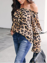 New Leopard Ruffle Off Shoulder Backless Long Bell Sleeve?Fashion Blouse