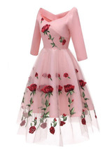 New Pink Floral Off Shoulder Embroidery Grenadine Pleated Tutu Mexican Elegant Homecoming Party Midi Dress New Pink Floral Off Shoulder Embroidery Grenadine Pleated Tutu Mexican Elegant Homecoming Party Midi Dress