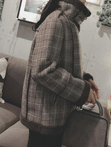 New Coffee Plaid Fur Zipper Pockets V-neck Fashion Outerwear