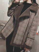 New Coffee Plaid Fur Zipper Pockets V-neck Fashion Outerwear
