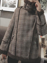 New Coffee Plaid Fur Zipper Pockets V-neck Fashion Outerwear