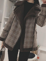New Coffee Plaid Fur Zipper Pockets V-neck Fashion Outerwear
