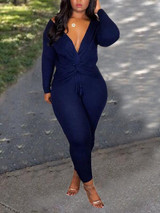 New Deep Blue Drawstring Off Shoulder Backless Cross Back Casual Two Piece Long Jumpsuit
