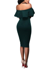 New Green Ruffle Bandeau Off Shoulder Backless Short Sleeve Elegant Homecoming Party Midi Dress