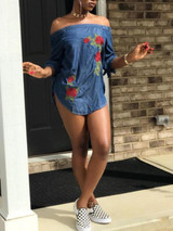 New Blue Floral Print Embroidery Slit Off Shoulder Boat Neck Casual Mini Dress