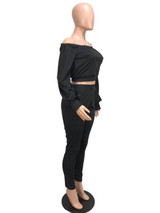 New Black Off Shoulder Pleated Lantern Sleeve Two Piece High Waisted Casual Long Jumpsuit