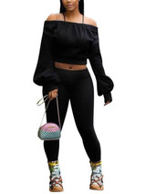 New Black Off Shoulder Pleated Lantern Sleeve Two Piece High Waisted Casual Long Jumpsuit