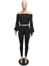 New Black Off Shoulder Pleated Lantern Sleeve Two Piece High Waisted Casual Long Jumpsuit