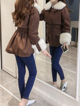 Coffee Belt Pockets Zipper Fur Collar Fashion Outerwear