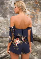 Navy Blue Floral Irregular Bandeau Print Off Shoulder Backless Short Jumpsuit