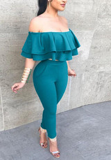 Green Ruffle Off Shoulder Peplum Two Piece Fashion Long Jumpsuit