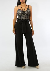 Black Ruffle Sashes Bowknot Office Worker/Daily Elegant Wide Leg Long Pants