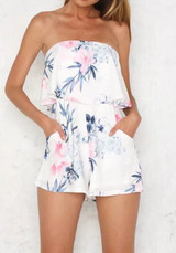 White Floral Print Ruffle Pockets Off Shoulder Bohemian Short Jumpsuit White Floral Print Ruffle Pockets Off Shoulder Bohemian Short Jumpsuit
