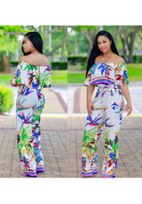 White Leaves Print Ruffle Off Shoulder Bohemian Wide Leg Long Jumpsuit White Leaves Print Ruffle Off Shoulder Bohemian Wide Leg Long Jumpsuit