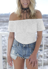White Floral Lace Ruffle Backless Off Shoulder Short Jumpsuit