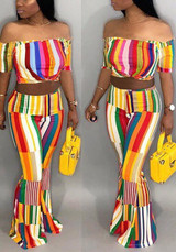 Red Color Block Off Shoulder Backless Two Piece Party Wide Leg Long Jumpsuit