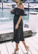 Black-White Polka Dot Falbala Off Shoulder Wide Leg Long Jumpsuit Black-White Polka Dot Falbala Off Shoulder Wide Leg Long Jumpsuit