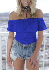 Blue Floral Lace Ruffle Backless Off Shoulder Short Jumpsuit