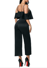 Black Ruffle Spaghetti Strap Off-shoulder Backless High Waisted Wide Leg Long Jumpsuit