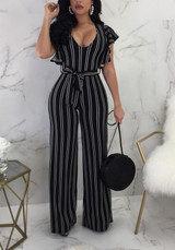 Black Striped Ruffle Sashes High Waisted Office Worker/Daily Elegant Long Jumpsuit