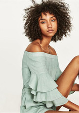 Green Ruffle Pockets Off Shoulder Backless Casual Short Jumpsuit