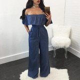 Dark Blue Ruffle Off-shoulder Drawstring Waist High Waisted Wide Leg Denim Long Jumpsuit