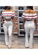 White Striped Ruffle Off Shoulder Two Piece High Waisted Long Jumpsuit