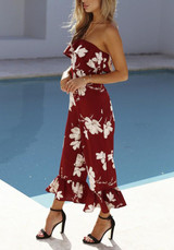 Burgundy Ruffle Off Shoulder Backless Sweet Wide Leg Flare Bell Nine's Jumpsuit