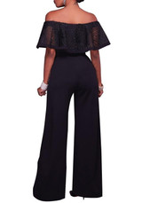 Black Patchwork Lace Off Shoulder High Waisted Wide Leg Long Jumpsuit
